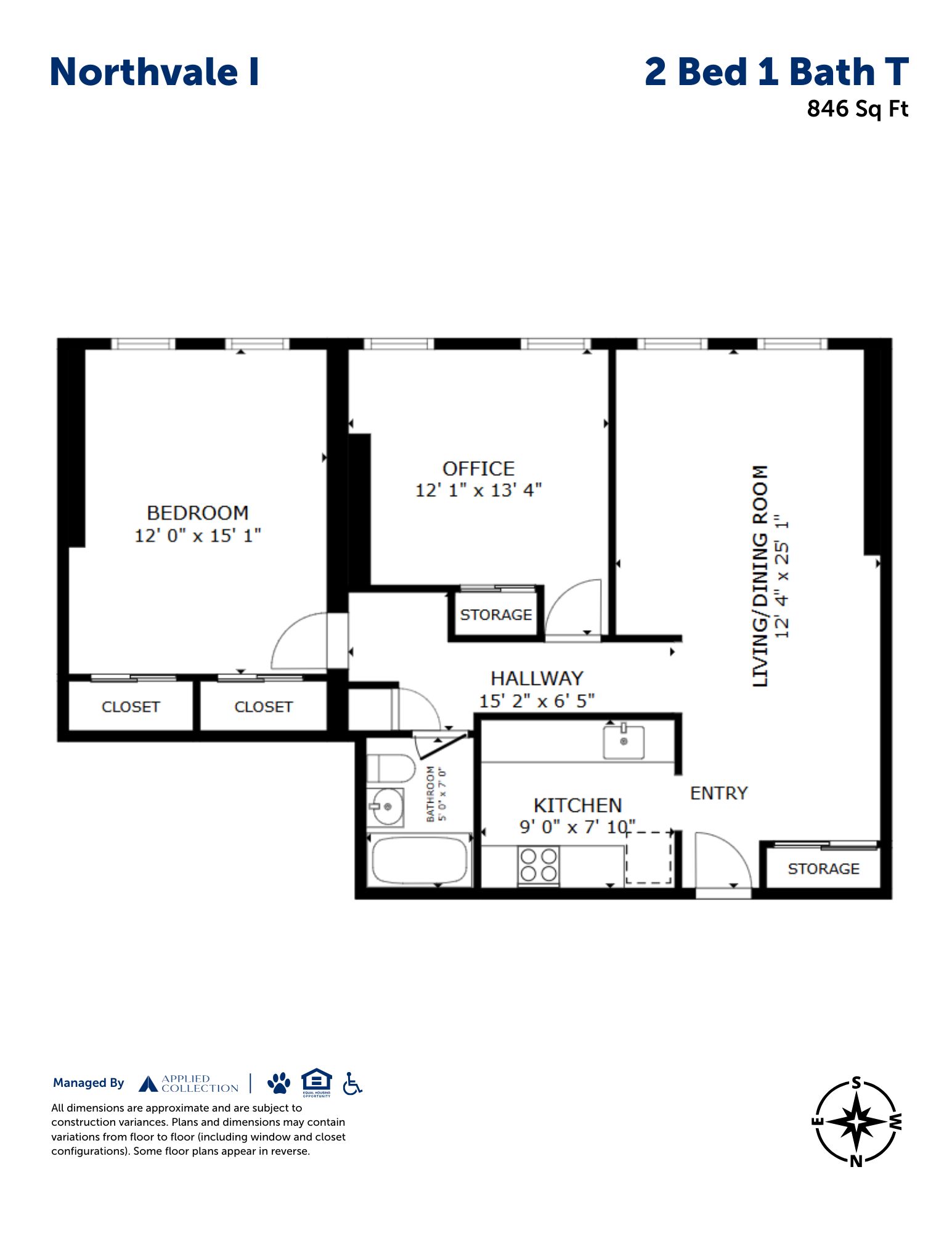 Floor plan for 2 beds, 1 bath, 846 sqft